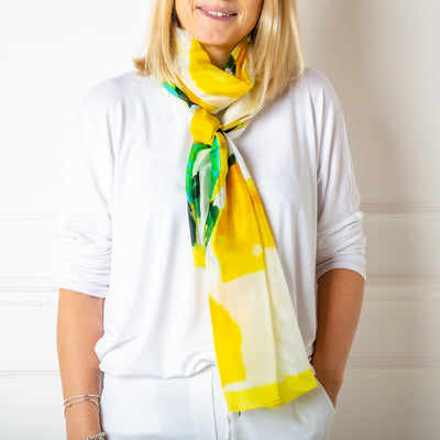 The lemon print 100% silk demi scarf in a slimmer width to our regular silk scarf collection 